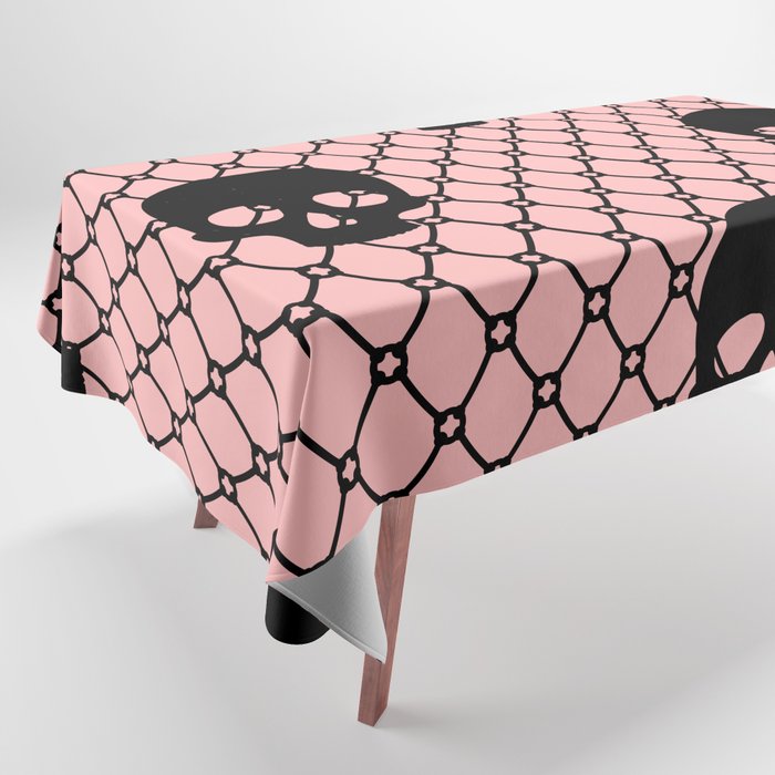 Black skulls Lace Gothic Pattern on Pink Tablecloth