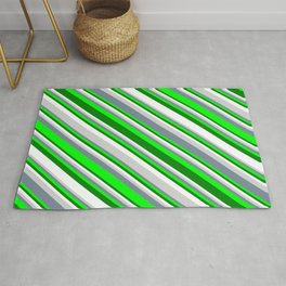[ Thumbnail: Eyecatching Light Gray, Light Slate Gray, Lime, Green, and White Colored Striped Pattern Rug ]
