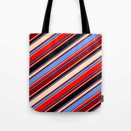 [ Thumbnail: Cornflower Blue, Dark Red, Bisque, Red & Black Colored Stripes Pattern Tote Bag ]