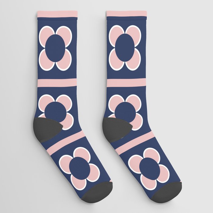 Scandi Flower Minimalist Mid Century Floral Pattern 2 in Pink, White, and Navy Blue Socks