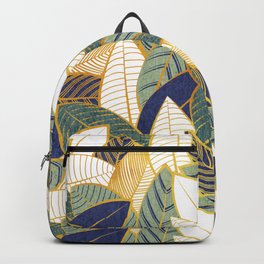 Leaf wall // navy blue pine and sage green leaves golden lines Backpack | Graphicdesign, Fauxtextured, Botanic, Curated, Winter, Mothersday, Plant, Green, Vegetation, Ornamental 