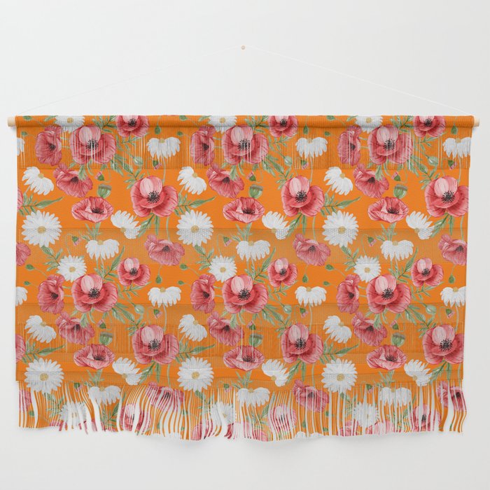 Daisy and Poppy Seamless Pattern on Orange Background Wall Hanging