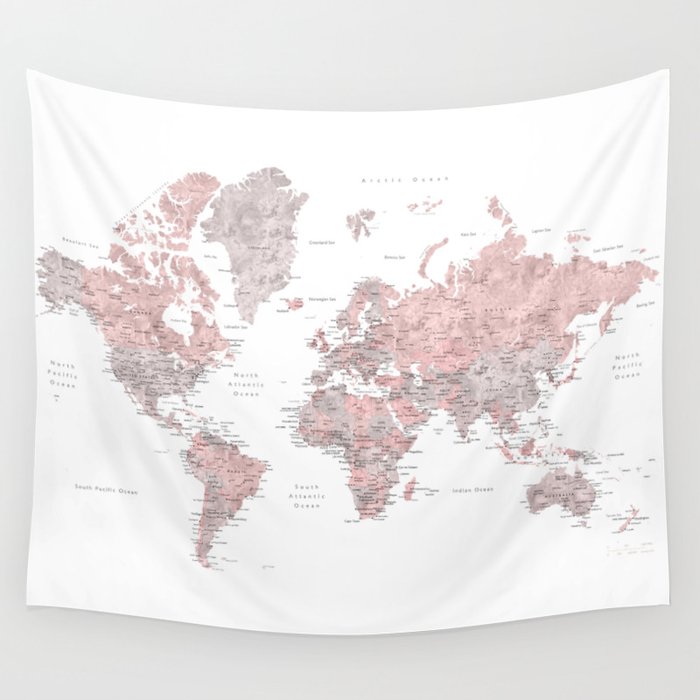 Dusty pink and grey detailed watercolor world map Wall Tapestry | Graphic-design, Watercolor, World-map, Dusty-pink, Femenine, Gray, Gray-and-pink, World, The-world, Watercolor-world-map