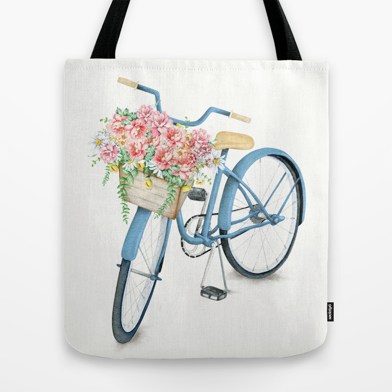 Blue Bicycle With Flowers In Basket Tote Bag By Nadja1 Society6