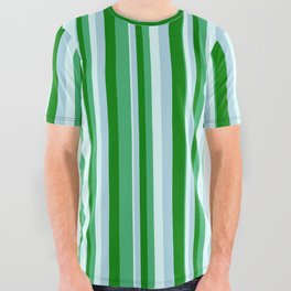 [ Thumbnail: Light Cyan, Light Blue, Green, and Sea Green Colored Pattern of Stripes All Over Graphic Tee ]
