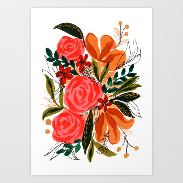 Abstract Hand-Drawn Flowers with Line Detail - Warm Palette Art Print ...