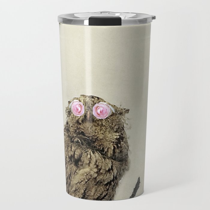 Owl with Pink Rose Eyes on Beige with Vintage Texture Travel Mug