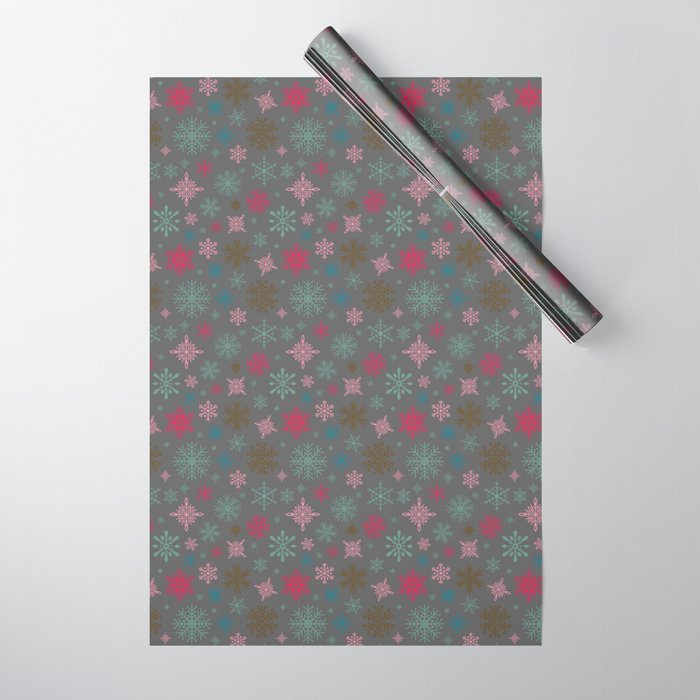 Holiday Snowflakes in Gray, Pink and Red Wrapping Paper