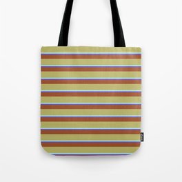 [ Thumbnail: Slate Blue, Sienna, Dark Khaki & Turquoise Colored Stripes Pattern Tote Bag ]