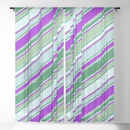[ Thumbnail: Vibrant Dark Sea Green, Powder Blue, Sea Green, Light Cyan & Dark Violet Colored Lines Pattern Sheer Curtain ]