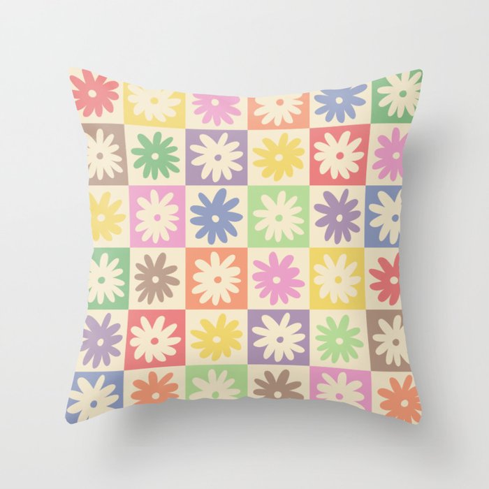 Colorful Flower Checkered Pattern Throw Pillow