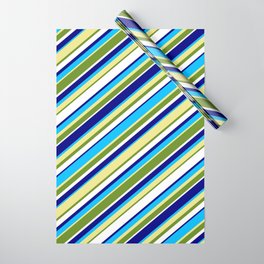 [ Thumbnail: Colorful Blue, Deep Sky Blue, Tan, Green & White Colored Lined Pattern Wrapping Paper ]
