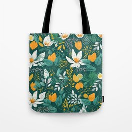 Dark green background White flower pattern design Tote Bag