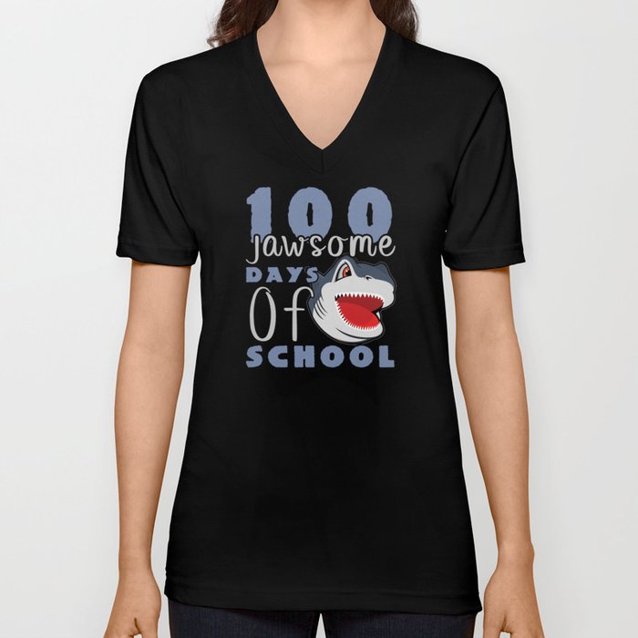 Days Of School 100th Day 100 Awesome Jaw Shark V Neck T Shirt