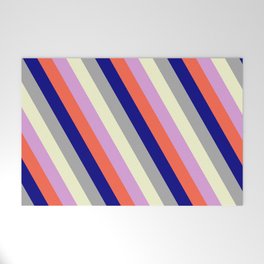 [ Thumbnail: Colorful Plum, Red, Blue, Dark Grey & Light Yellow Colored Lines/Stripes Pattern Welcome Mat ]