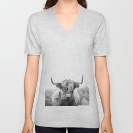 Highland Cow Longhorn in a Field Black and White V Neck T Shirt