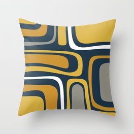Palm Springs Mid-Century Modern Abstract Pattern in Light and Dark Mustard, Gray, and White on Navy Blue Throw Pillow