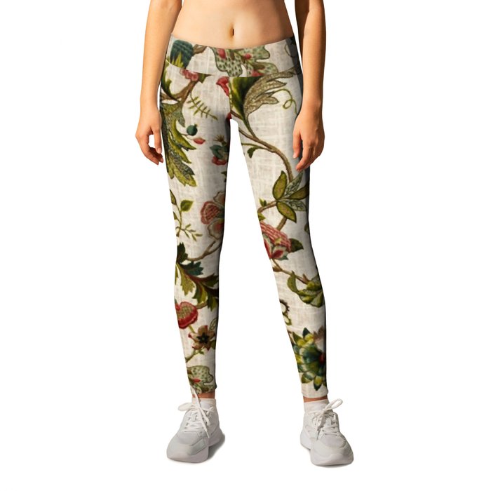 Red Green Jacobean Floral Embroidery Pattern Leggings