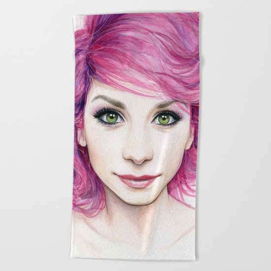 Pink Hair Green Eyes Beautiful Girl Beach Towel