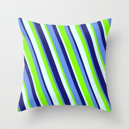 [ Thumbnail: Cornflower Blue, Chartreuse, Light Cyan, and Midnight Blue Colored Lined Pattern Throw Pillow ]