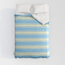 [ Thumbnail: Light Sky Blue and Light Yellow Colored Stripes Pattern Comforter ]