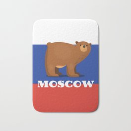 Moscow Bear and flag travel poster. Bath Mat | Russianbear, Blue, Bearcartoon, Graphicdesign, White, Red, Funny, Moscow, Cartoon, Travelposter 