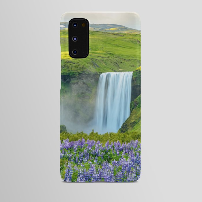 Skogafoss Summer Iceland Waterfall Wildflowers Landscape Android Case