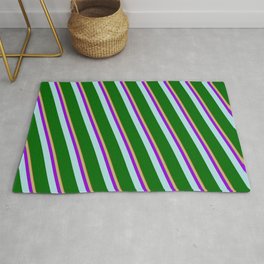 [ Thumbnail: Brown, Dark Khaki, Dark Violet, Powder Blue, and Dark Green Colored Lined/Striped Pattern Rug ]