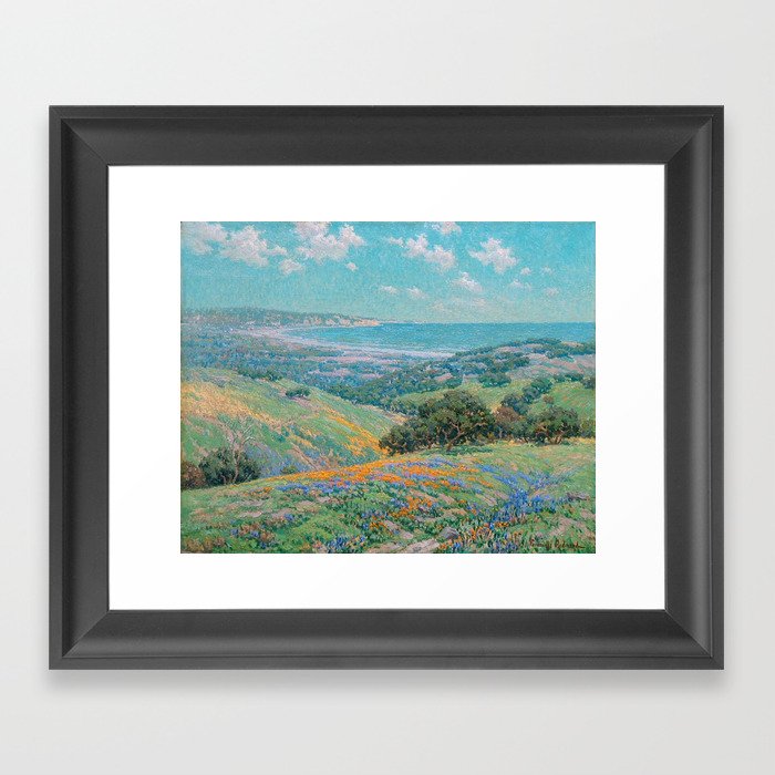 Malibu Coast, California with wild poppies floral seascape painting by Granville Redmond Framed Art Print