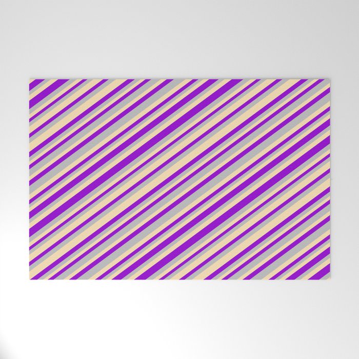 Dark Violet, Grey, and Beige Colored Striped Pattern Welcome Mat