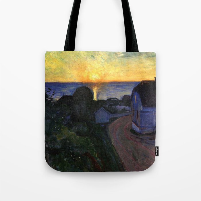 Ocean Sunrise Behind the Beach Cottage coastal landscape painting by Edvard Munch Tote Bag