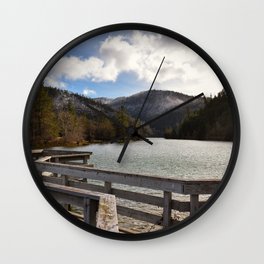 Small dock and foggy mountains Wall Clock