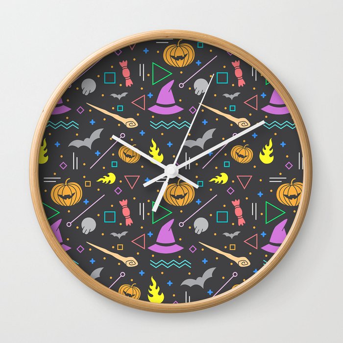Happy Halloween Pumpkin and Witch Hat Pattern Wall Clock