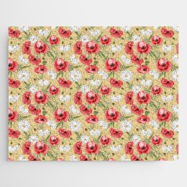 Daisy and Poppy Seamless Pattern on Beige Background Jigsaw Puzzle