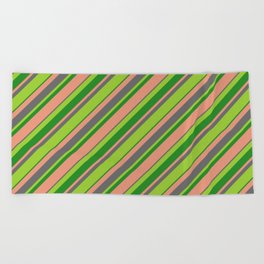 [ Thumbnail: Green, Forest Green, Dark Salmon, and Dim Gray Colored Striped/Lined Pattern Beach Towel ]