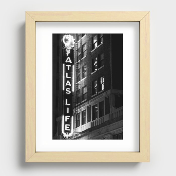 Atlas Life Building Neon - Downtown Tulsa Oklahoma Black and White Recessed Framed Print