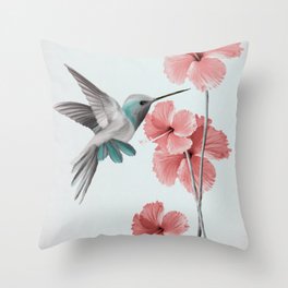 Hummingbird with Hibiscus Throw Pillow | Plant, Drawing, Flower, Nature, Flowers, Bird, Animal, Floral, Digital, Hibiscus 