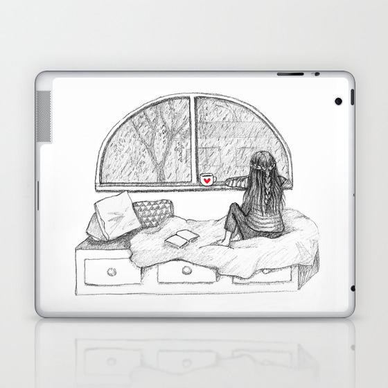 Rainy Day Window Pencil Illustration Laptop Ipad Skin By