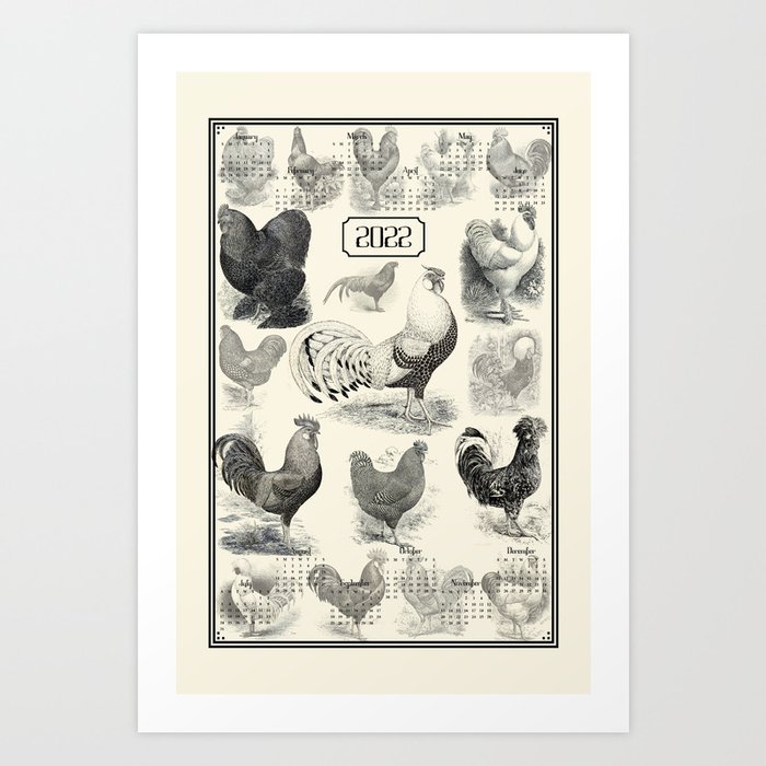 Cream and Black Vintage Victorian Toile Roosters     Art Print