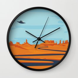  landscape with deserted valley, mountains, dark winding river and flying saucer in the sky. Decorative illustration on the theme of of alien invasion. Western scenery and UFO Wall Clock