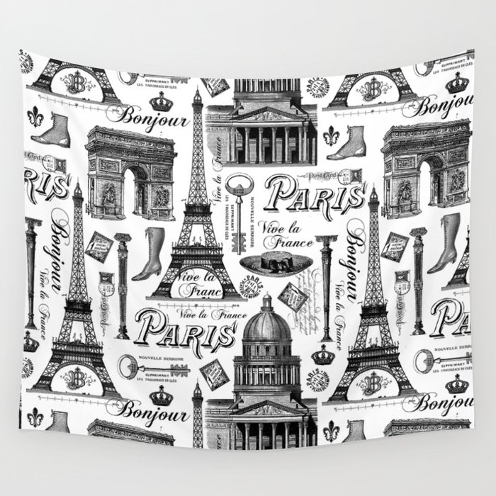 Romantic Paris Vintage Black And White Pattern Wall Tapestry