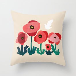 Poppy flowers and bird Throw Pillow