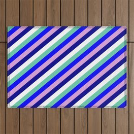 [ Thumbnail: Eyecatching Aquamarine, Blue, Plum, Dark Blue, and White Colored Lines Pattern Outdoor Rug ]