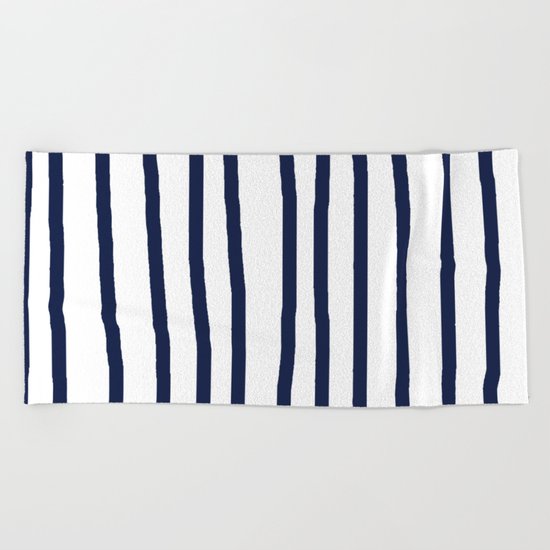 Simply Drawn Vertical Stripes Nautical Navy Blue on White Beach Towel