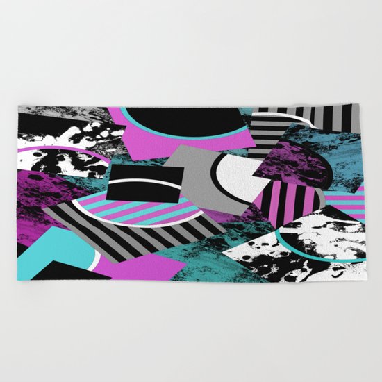 Cluttered Sqaures - Abstract, geometric, stripes, pink, cyan, blue, textured, black, white, arcs Beach Towel