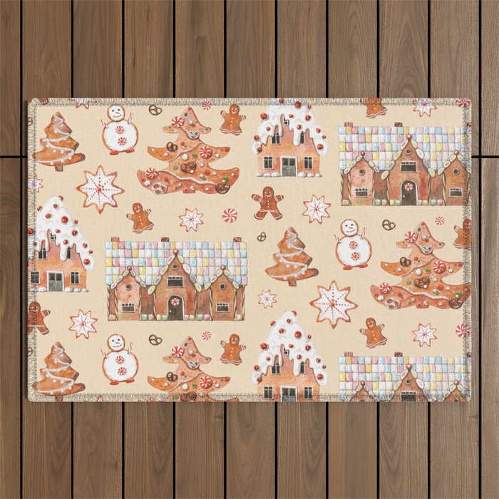 Hand drawn watercolour seamless pattern of gingerbread houses, christmas tree, snowman, snowflakes with the sweets on the beige background.  Outdoor Rug