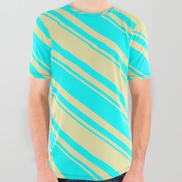 [ Thumbnail: Pale Goldenrod and Cyan Colored Striped/Lined Pattern All Over Graphic Tee ]
