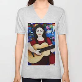 Violeta Parra and her guitar V Neck T Shirt