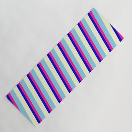 [ Thumbnail: Blue, Deep Pink, Sky Blue, and Light Yellow Colored Stripes/Lines Pattern Yoga Mat ]