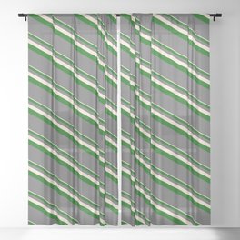 [ Thumbnail: Beige, Dark Green & Dim Grey Colored Lines/Stripes Pattern Sheer Curtain ]